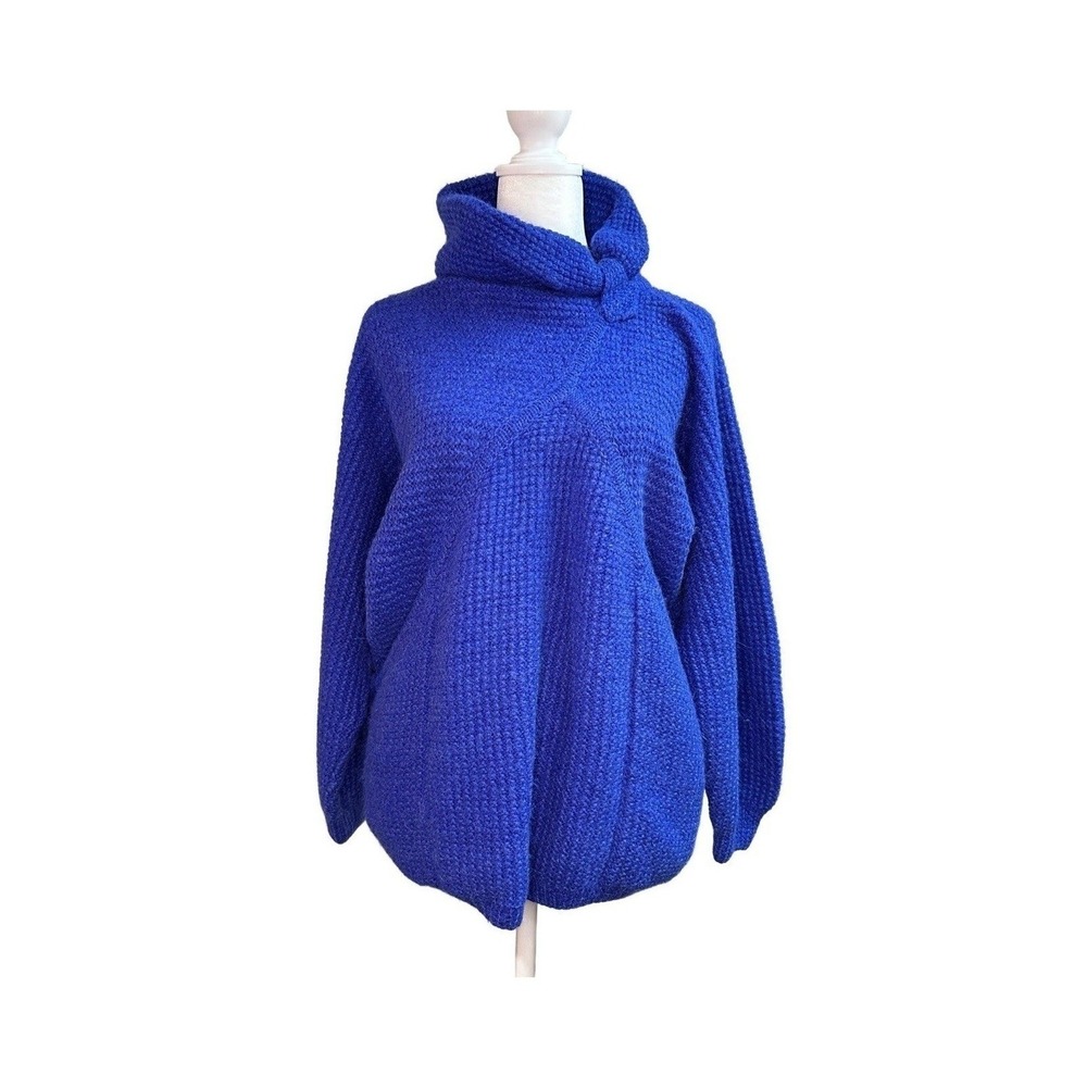 Helen Hamann Hand Knitted Peru 100% Alpaca Blue Asymmetric Funnel Neck Sweater M